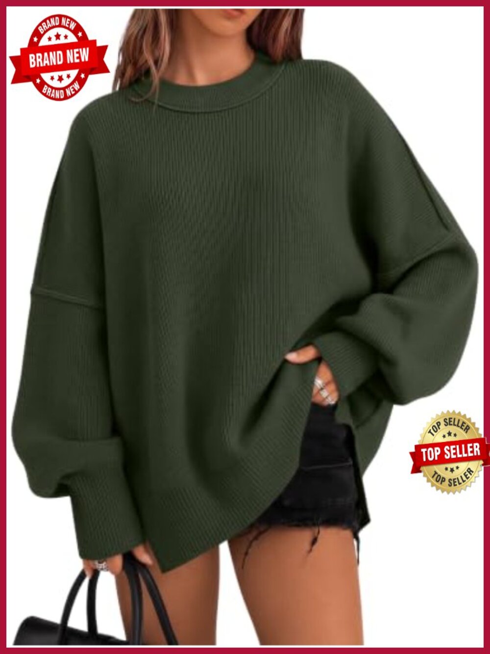 Oversized Crewneck Long Sleeve Tunic Sweater Split Hem Pullover